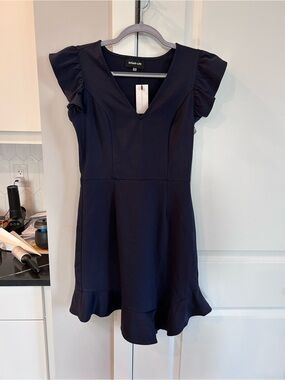 NWT Sugar Lips Navy V-Neck Ruffle Sleeve Dress Fit & Flare Cocktail Feminine